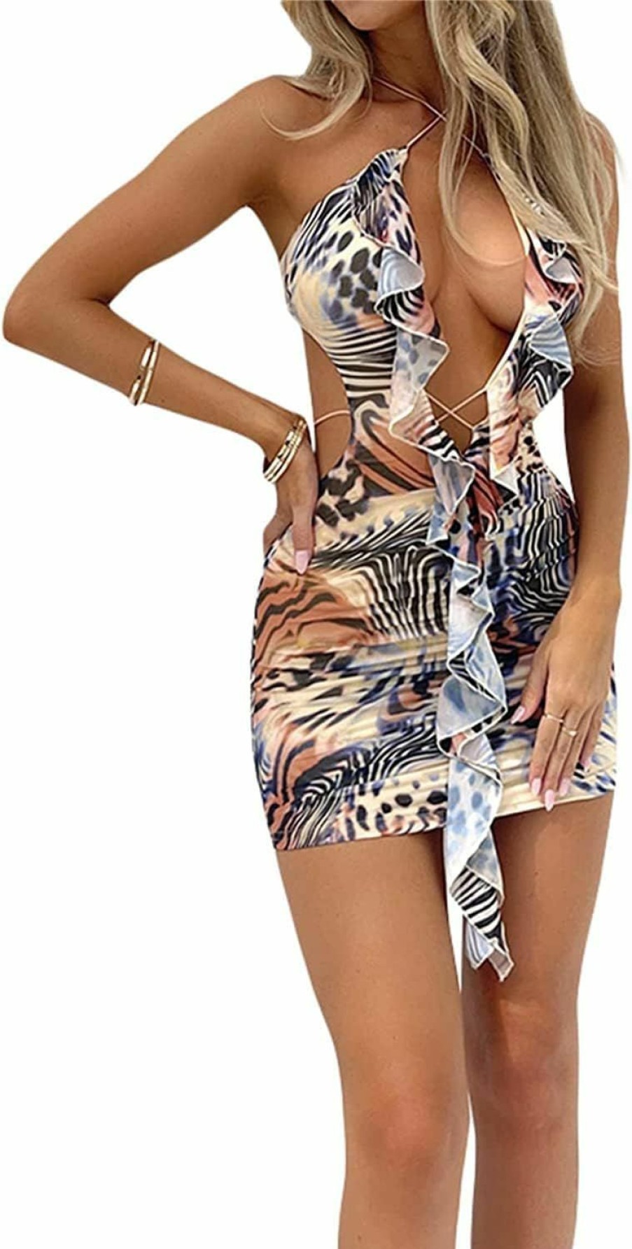 Online Creaion Women Y2K Print Knit Bodycon Dress Funky Halter Neck Sleeveless Strappy Cutout Backless E-Girl Club Party Slip Mini Dress