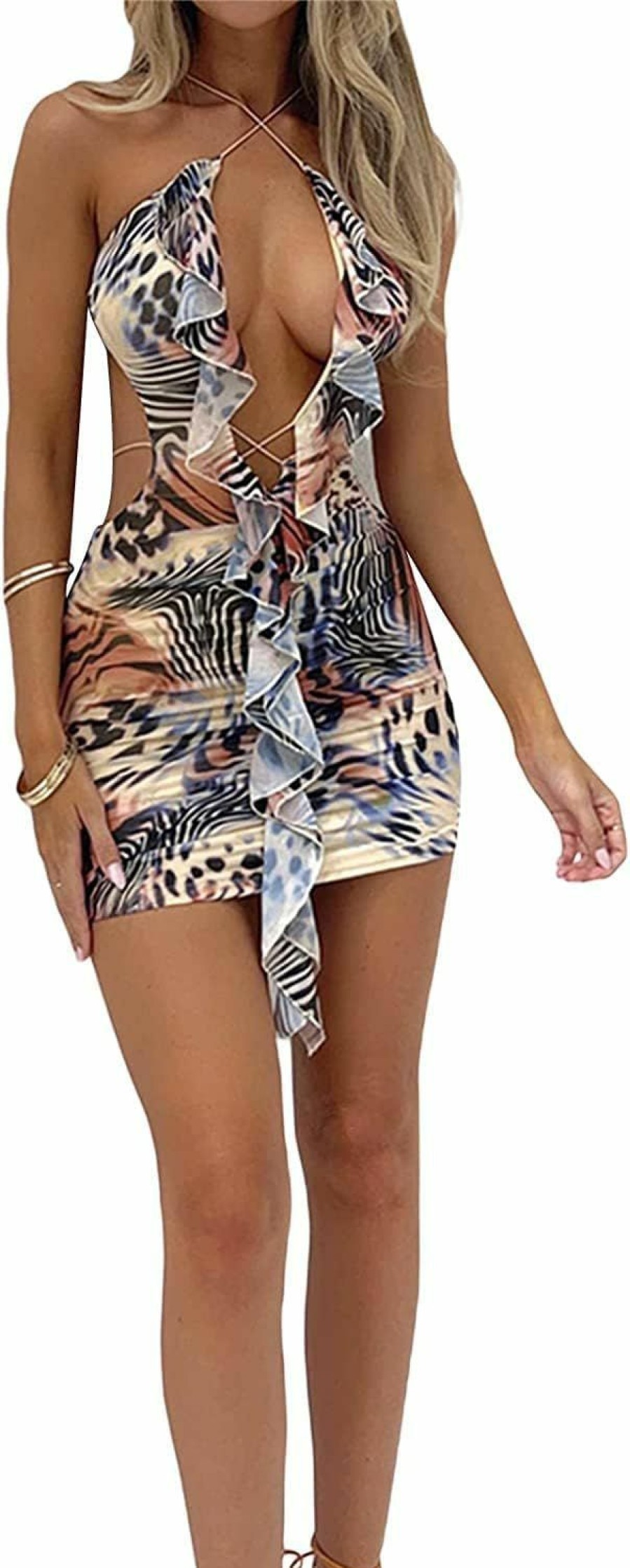 Online Creaion Women Y2K Print Knit Bodycon Dress Funky Halter Neck Sleeveless Strappy Cutout Backless E-Girl Club Party Slip Mini Dress