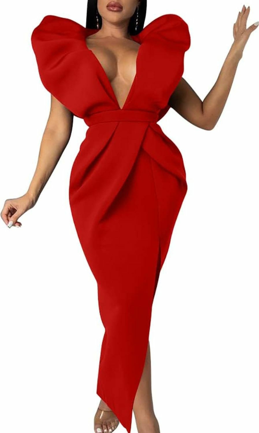 Online Memoriesea Memoriesea Women'S Sexy Deep V Neck Puff Sleeve Side Split Ruched Backless Gown Dress