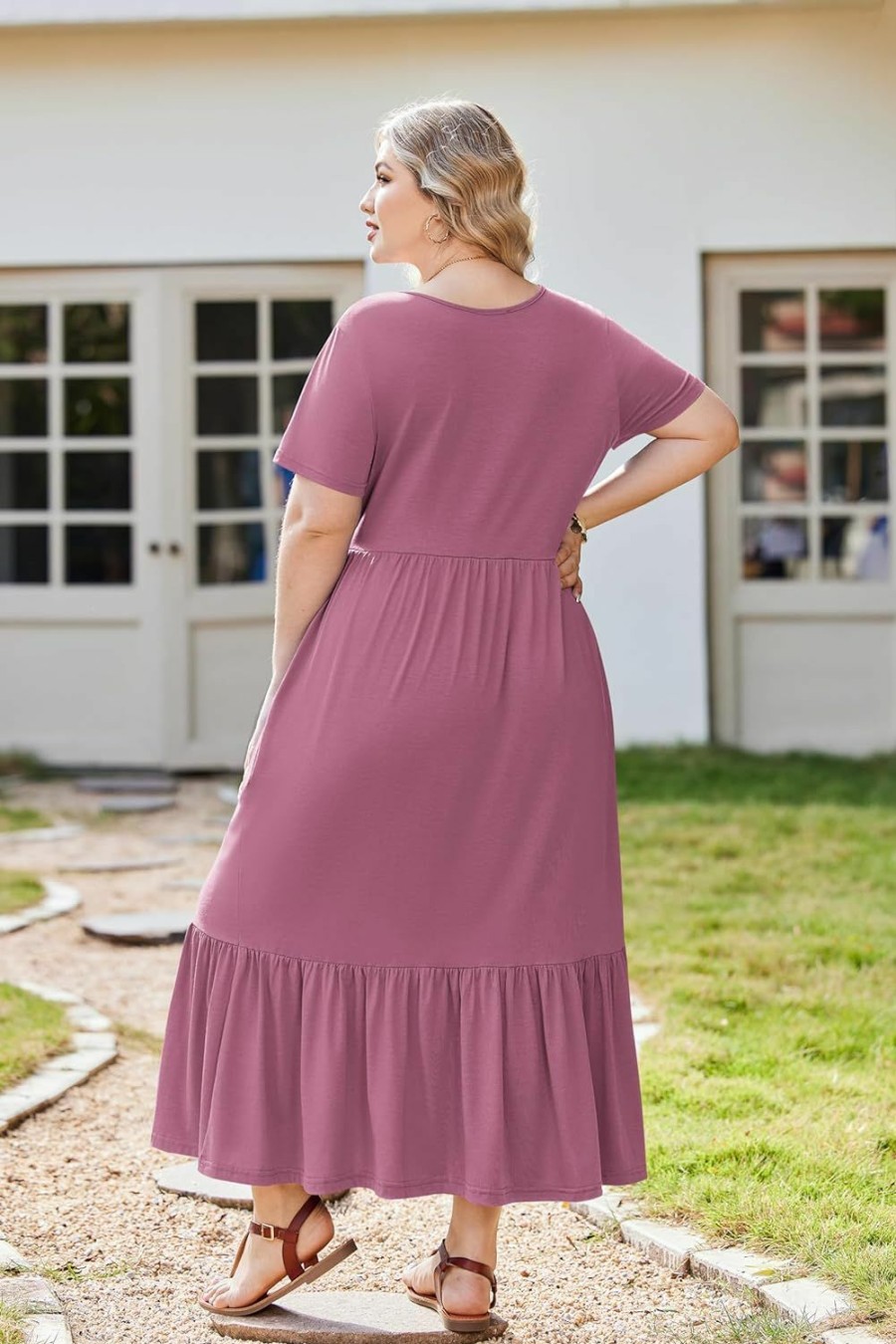 Hot IN'VOLAND In'Voland Women Plus Size Short Sleeve Dress Loose Plain Casual Summer Flowy Tiered Long Maxi Dresses With Pockets