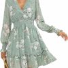 Hot Prettywear Women'S Floral Boho V Neck Long Sleeve Mini A-Line Dresses 2024 Spring Summer Casual Flowy Ruffle Chiffon Dress