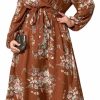 Hot WDIRARA Wdirara Women'S Plus Size Floral Print V Neck Belted Bishop Long Sleeve Dress