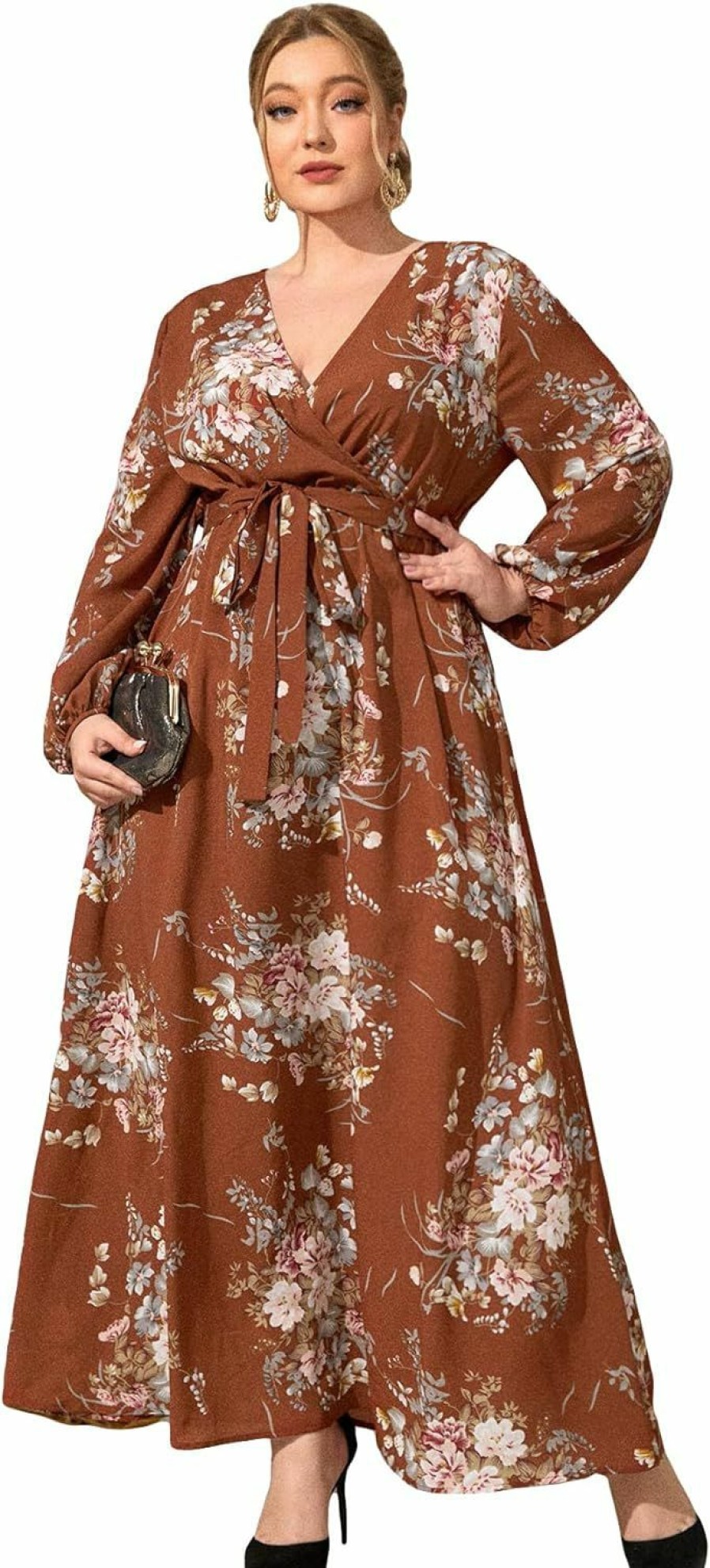 Hot WDIRARA Wdirara Women'S Plus Size Floral Print V Neck Belted Bishop Long Sleeve Dress