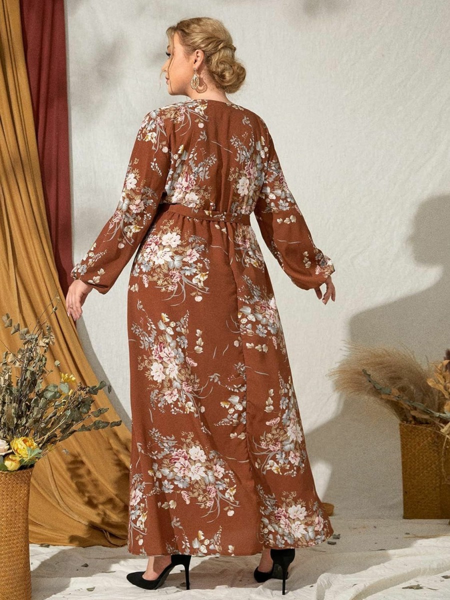 Hot WDIRARA Wdirara Women'S Plus Size Floral Print V Neck Belted Bishop Long Sleeve Dress