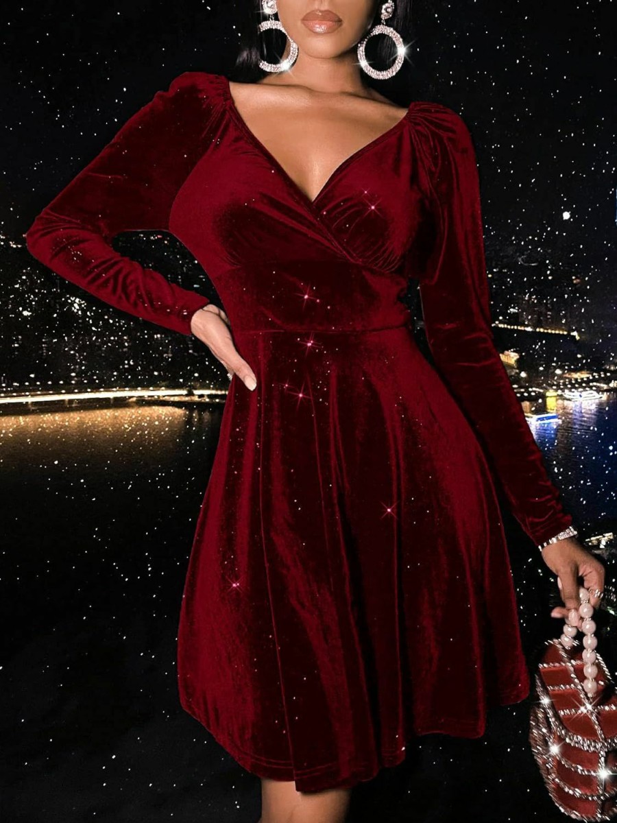 Clearance Sexyasasii Sexyasasii Womens Wrap V Neck Long Sleeve Velvet Glitter A Line Cocktail Party Swing Fit And Flare Skater Mini Dress