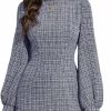 New WDIRARA Wdirara Women'S Plaid Tweed Mock Neck Lantern Long Sleeve Dress Casual A Line Dresses