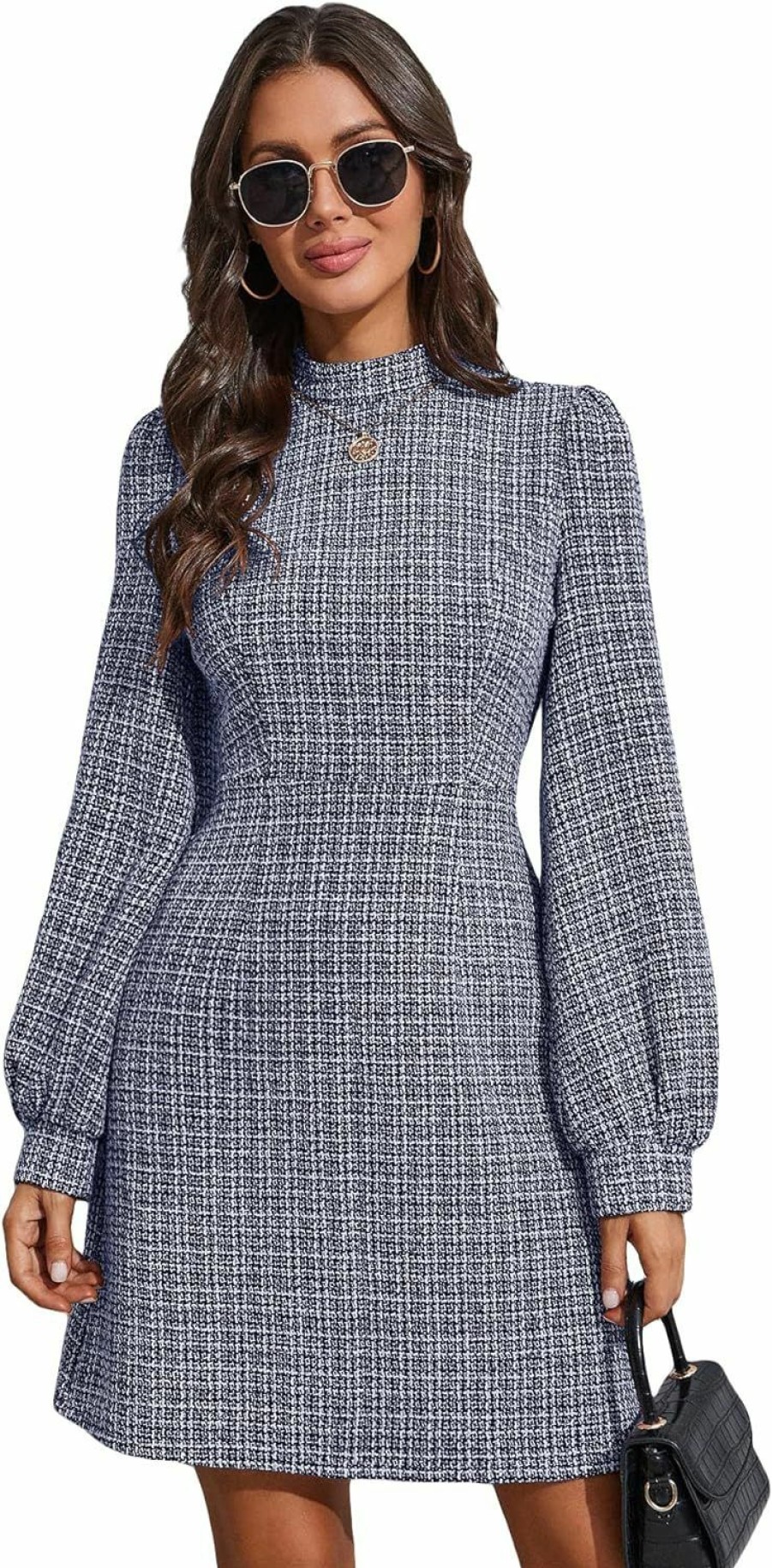 New WDIRARA Wdirara Women'S Plaid Tweed Mock Neck Lantern Long Sleeve Dress Casual A Line Dresses