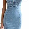 Hot Conshvi Women'S Sleeveless Bodycon Denim Tank Dress Scoop Neck Zip Up Side Slit Stretchy Wrap Club Party Jean Midi Dresses