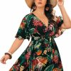 Clearance Floerns Floerns Women'S Plus Size Tropical Print V Neck Short Sleeve Belted Short Dress