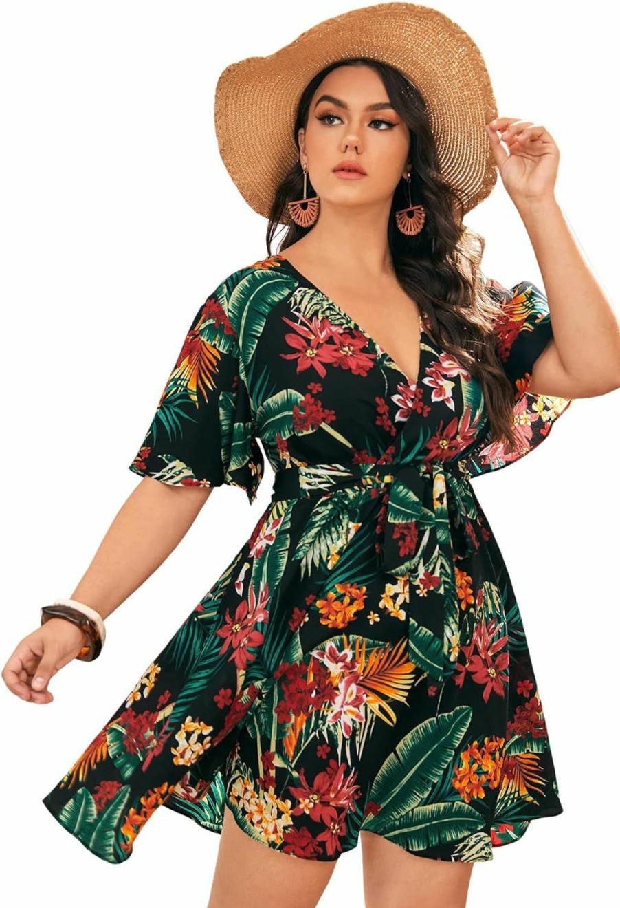 Clearance Floerns Floerns Women'S Plus Size Tropical Print V Neck Short Sleeve Belted Short Dress