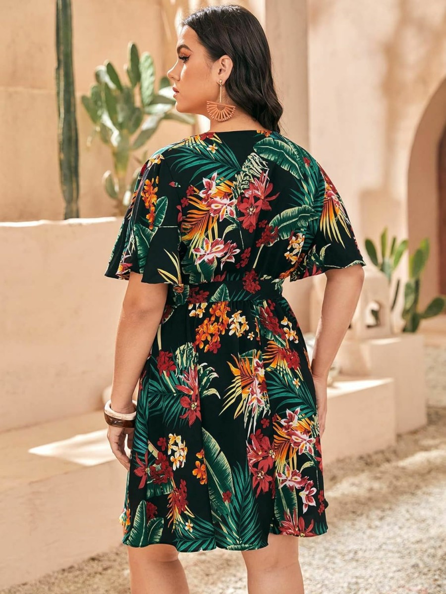 Clearance Floerns Floerns Women'S Plus Size Tropical Print V Neck Short Sleeve Belted Short Dress