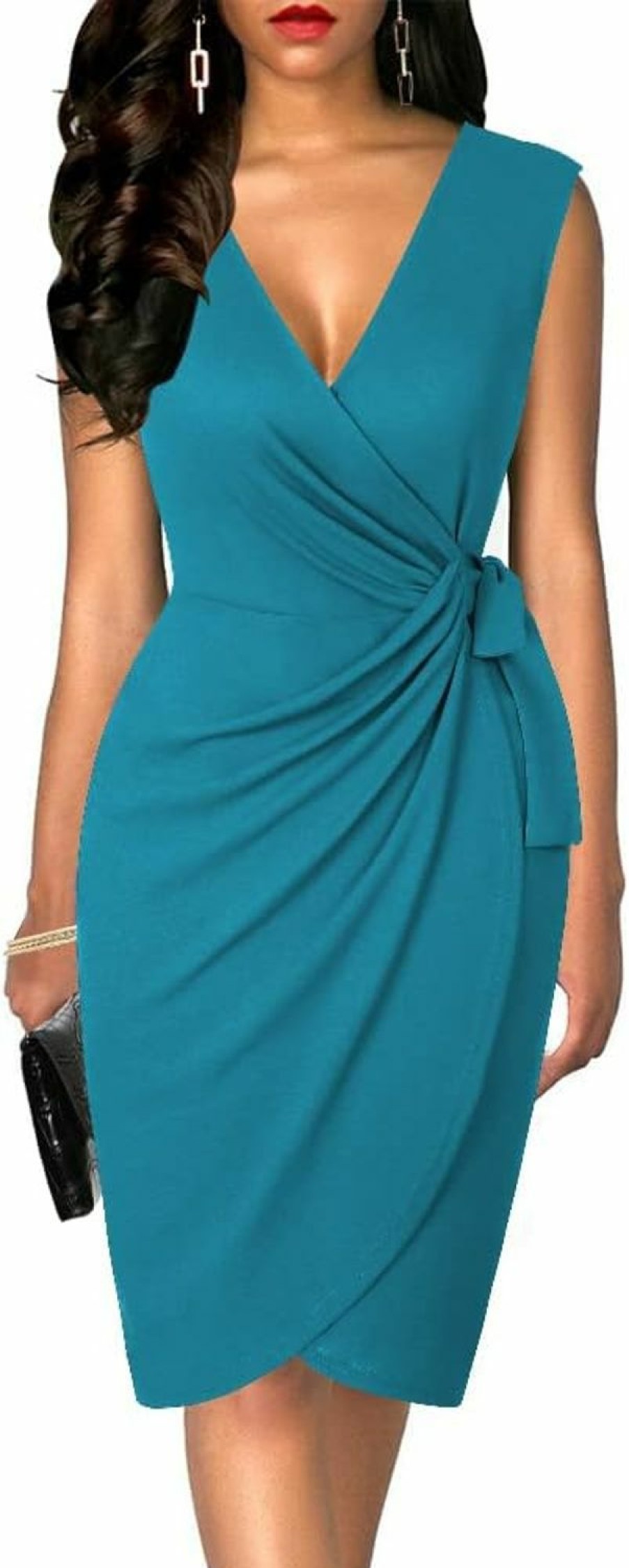 New oten Oten Womens Sleeveless Deep V Neck Sheath Knee Length Cocktail Party Work Faux Wrap Formal Dress