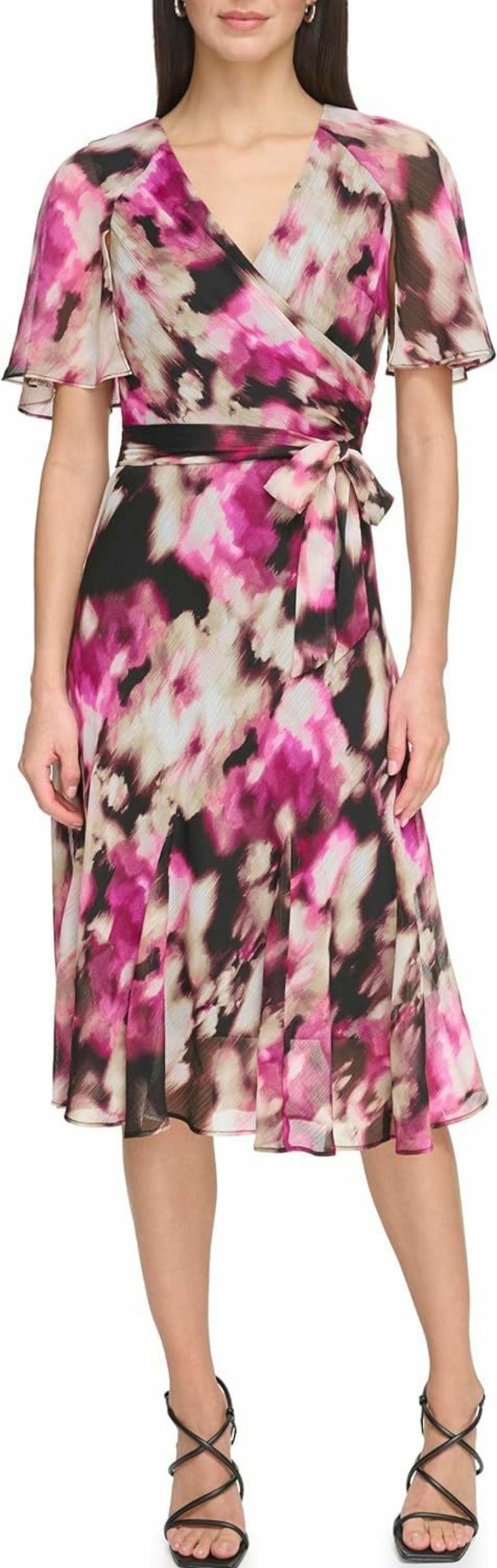 Online DKNY Dkny Women'S Midi Faux Wrap Flutter Sleeve Dress