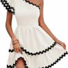 Best Fisoew Fisoew Womens One Shoulder Mini Dress Short Ruffle Sleeve Contrast Color Tiered A Line Summer Dresses