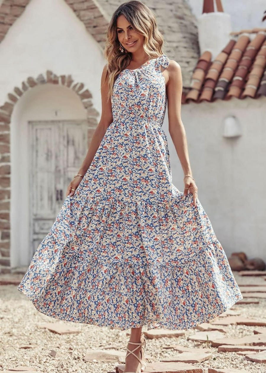 Wholesale PRETTYGARDEN Prettygarden Women'S Floral Maxi Dress 2024 Knot One Shoulder Sleeveless Ruffle Hem Flowy Boho Dresses