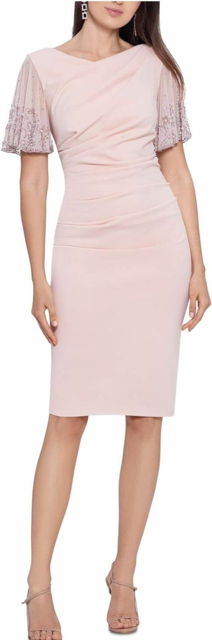 Best Betsy & Adam Betsy & Adam Women'S Short Ruched Crepe W/Beaded Flutter Sleeve