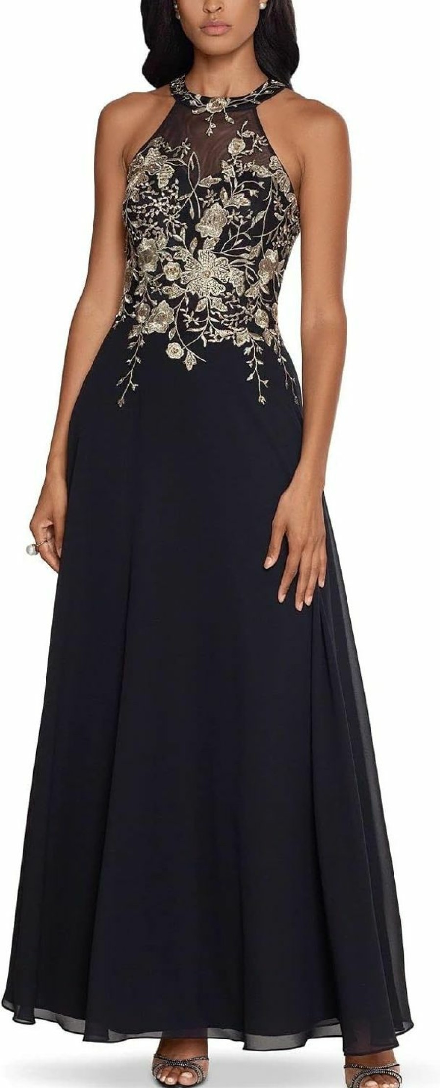 New Betsy & Adam Betsy & Adam Women'S Petite Long Embroidered Halter Chiffon Gown