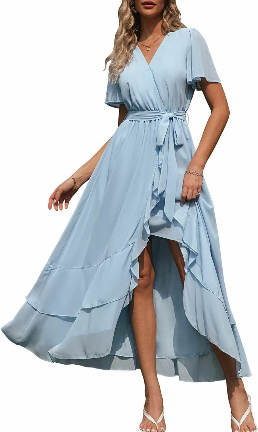 Best Simplee Apparel Simplee Womens Solid Chiffon Wrap Formal Maxi Ruffle Split Dress Flowy Bridesmaid Wedding Party Evening Dress With Belt