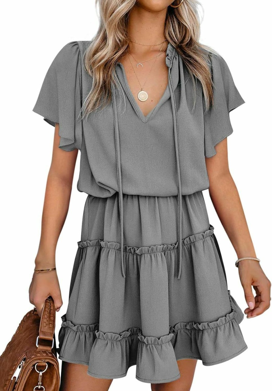 Online Dokotoo Dokotoo Womens 2024 Short Sleeve Split V Neck Ruffle Chiffon Elegant Mini Short Skirt Dresses