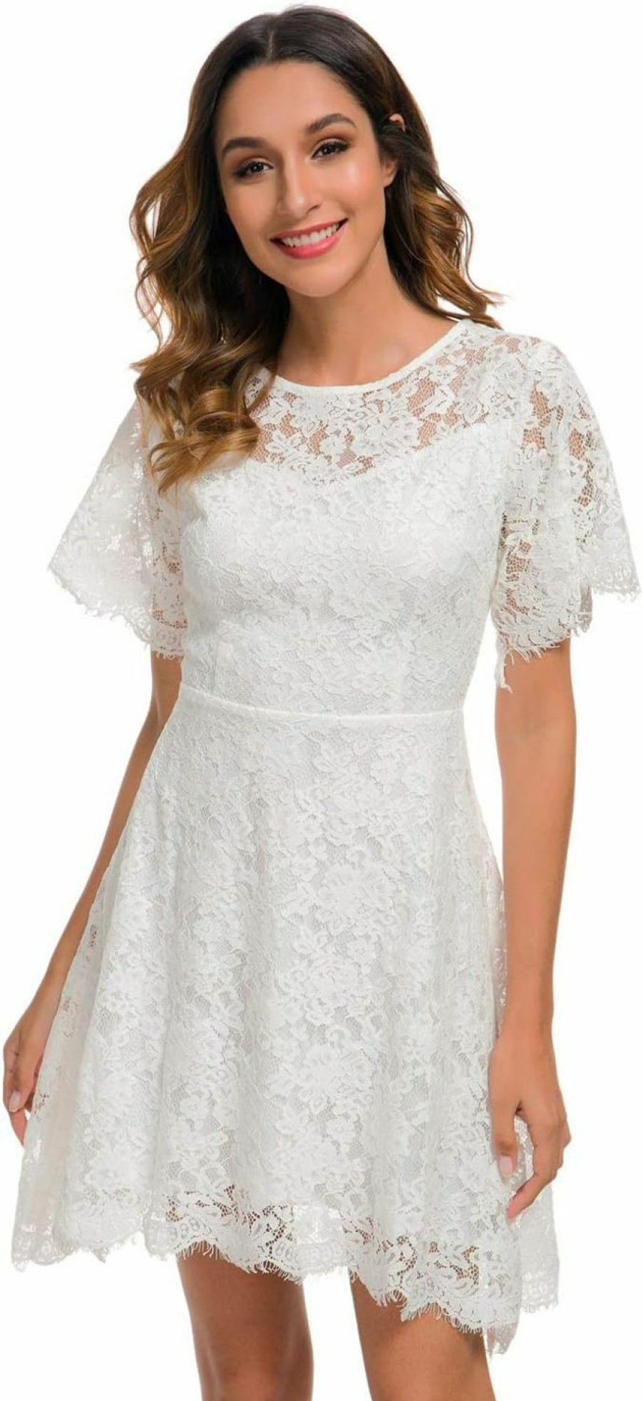 Best MSLG Mslg Women'S Elegant Round Neck Short Sleeves Wedding Guest Floral Lace Cocktail Party Dress 943