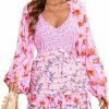 Online R.Vivimos R.Vivimos Women'S Summer Long Sleeve Boho Dress V Neck Floral Print Layered Ruffle Patchwork Casual Mini Sun Dress With Belt