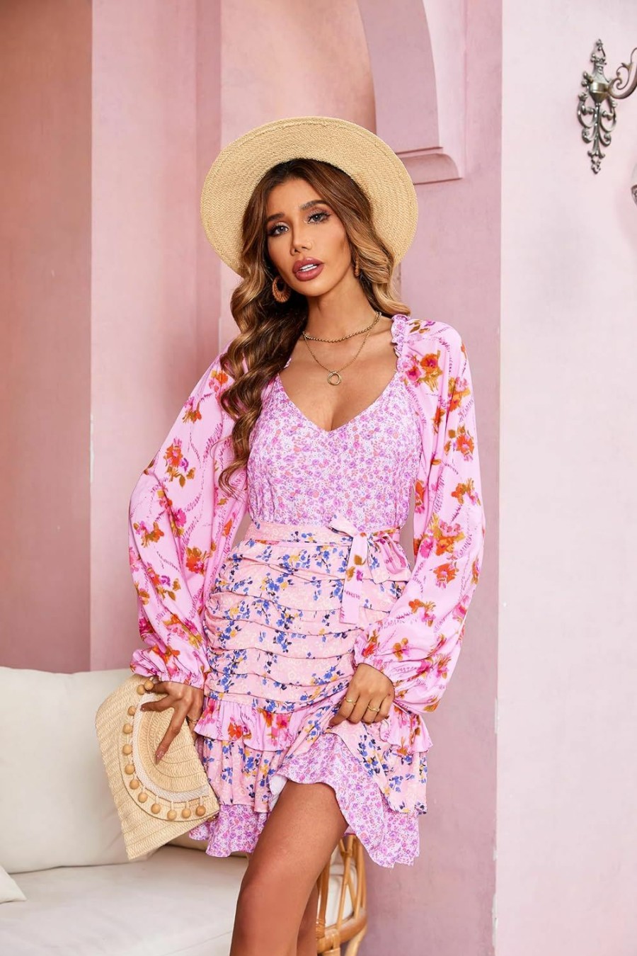 Online R.Vivimos R.Vivimos Women'S Summer Long Sleeve Boho Dress V Neck Floral Print Layered Ruffle Patchwork Casual Mini Sun Dress With Belt