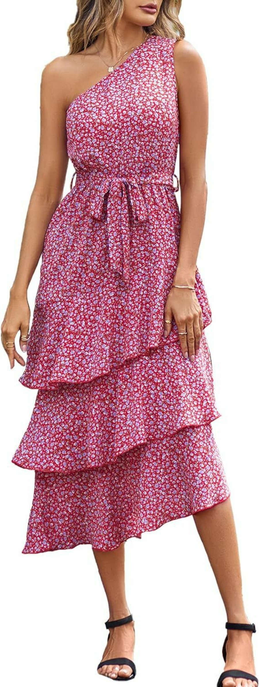 Best PRETTYGARDEN Prettygarden Women'S Summer Floral Sundress Casual One Shoulder Tiered Ruffle Flowy Midi Beach Boho Dresses