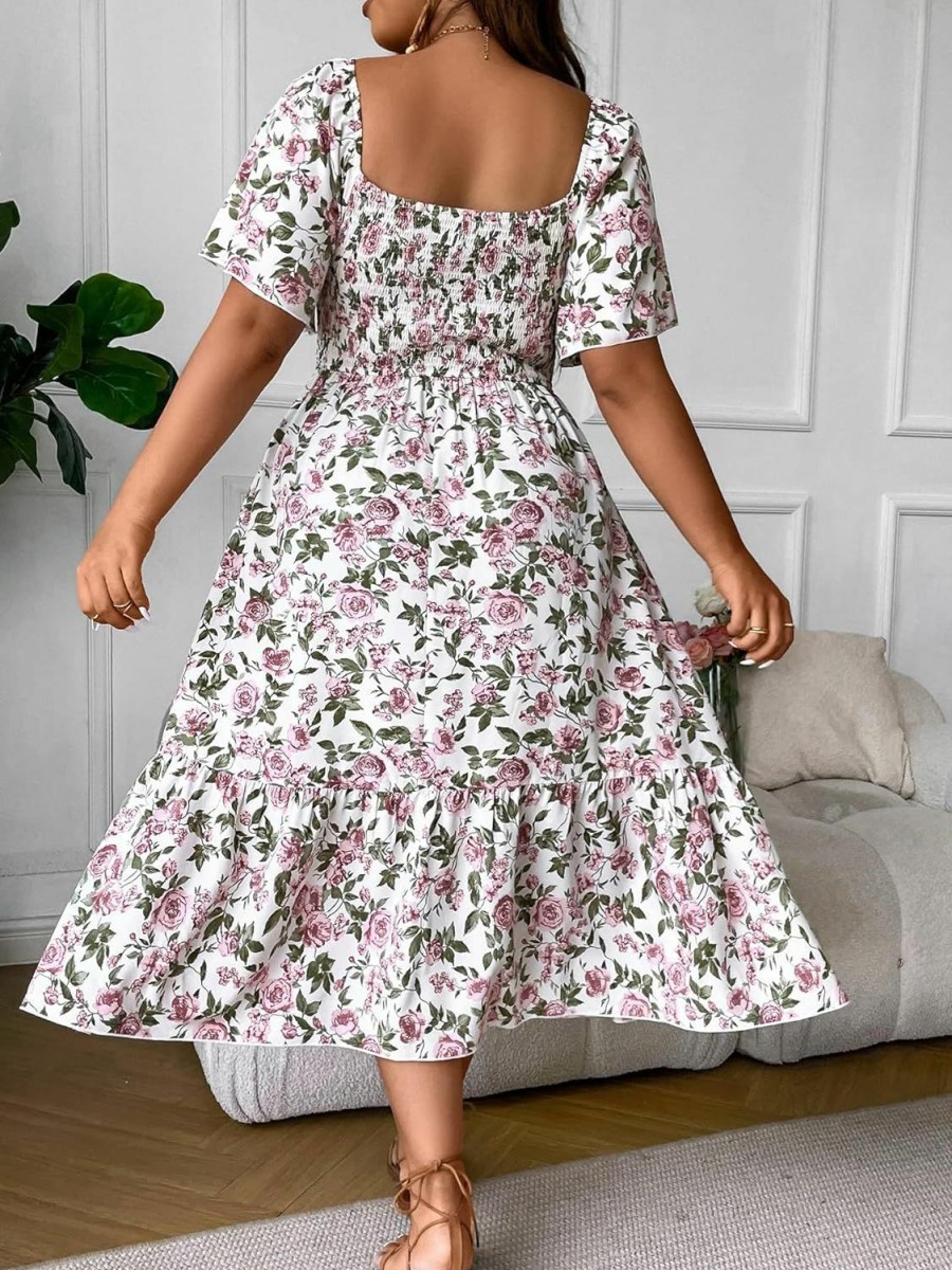 Hot MakeMeChic Makemechic Women'S Plus Size Floral Boho Puff Sleeve Square Neck Shirred Split A Line Summer Long Maxi Dress