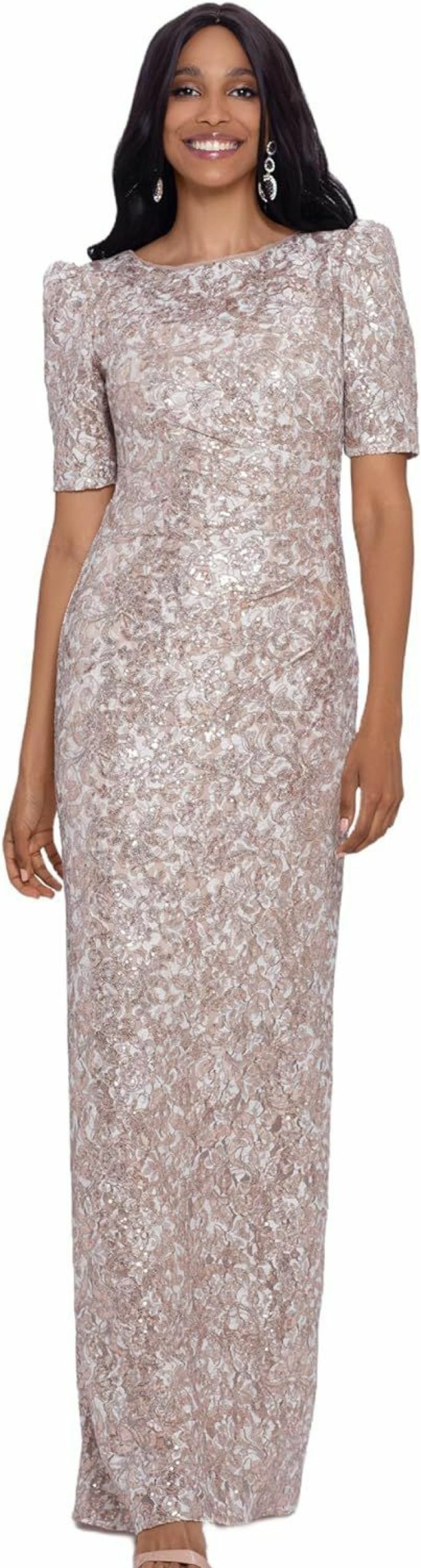 Hot Xscape Xscape Women'S Long Lace Sequin Side Ruched Dress (Reg And Petite)