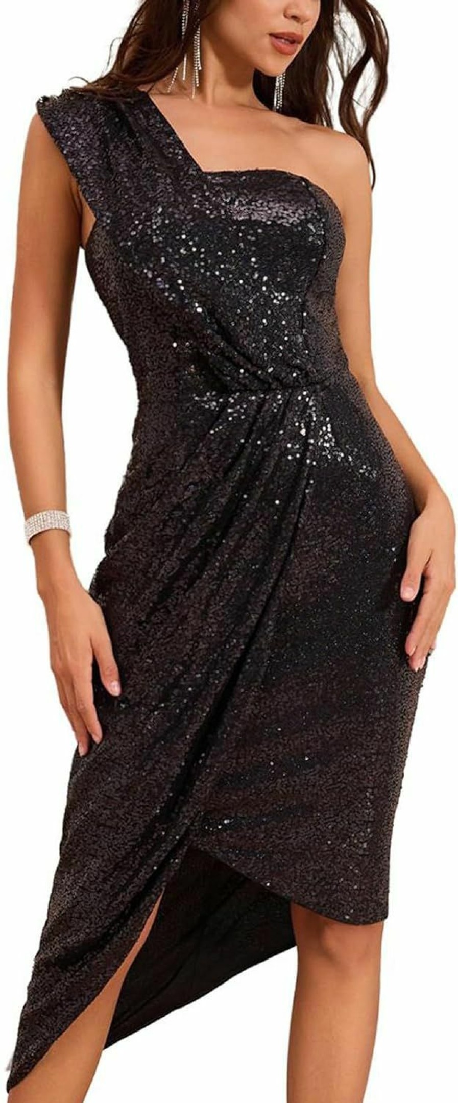 New GRACE KARIN Grace Karin Womens Sequin Dress Sparkly Glitter One Shoulder Party Club Dress Wrap Hem Ruched Cocktail Dresses