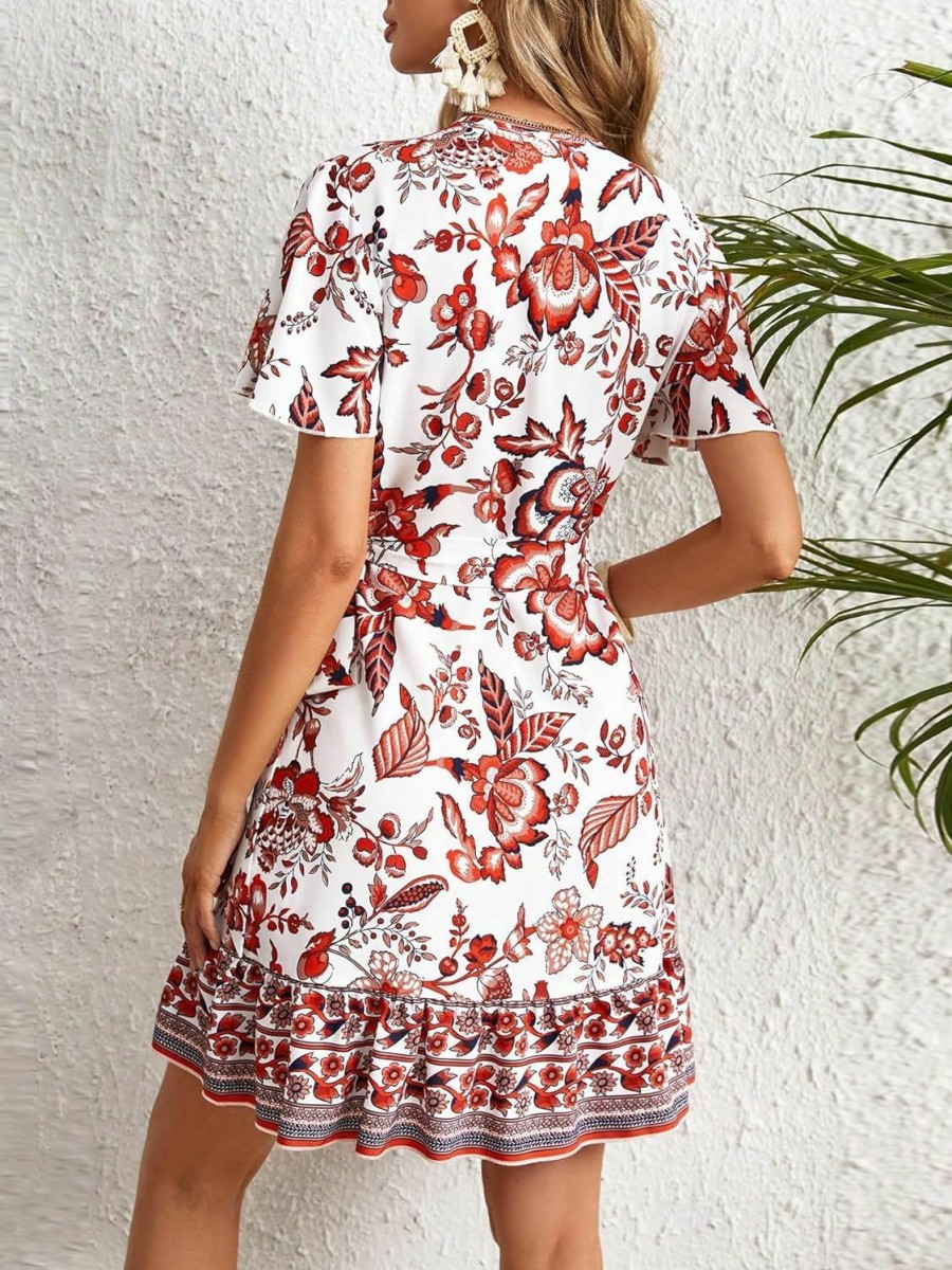 Wholesale WDIRARA Wdirara Women'S Summer Casual Boho Floral Print Short Sleeve Wrap V Neck Ruffle Hem A Line Dress