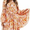 Hot AlvaQ Alvaq Womens Fall Summer Ruffle Lantern Sleeve Button Down Tie Waist Floral Print Swing Mini Dress