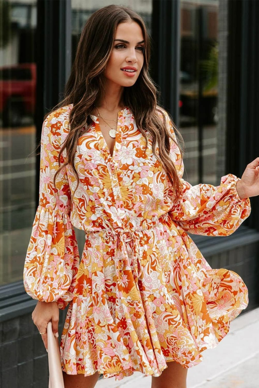 Hot AlvaQ Alvaq Womens Fall Summer Ruffle Lantern Sleeve Button Down Tie Waist Floral Print Swing Mini Dress