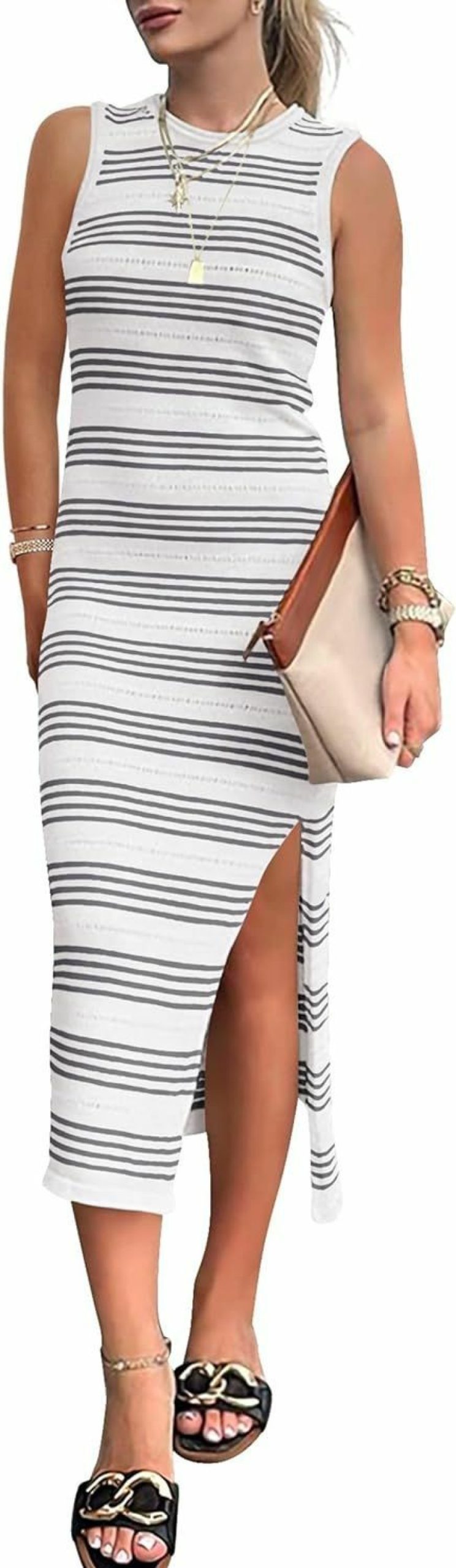 Best PRETTYGARDEN Prettygarden Women'S Summer Bodycon Sundresses Casual Midi Sleeveless Hollow Out Knit Side Slit Striped Long Tank Dress