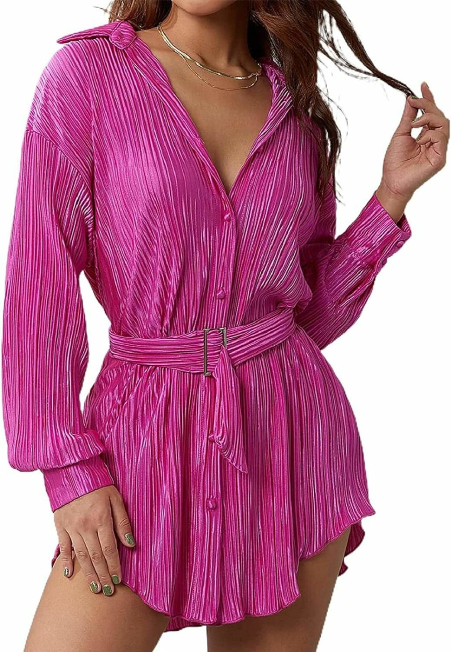 Best ABYOVRT Women Shirt Dresses Long Sleeve Pleated Mini Dress Casual Button Down Tunic Tops With Belt Vintage Streetwear