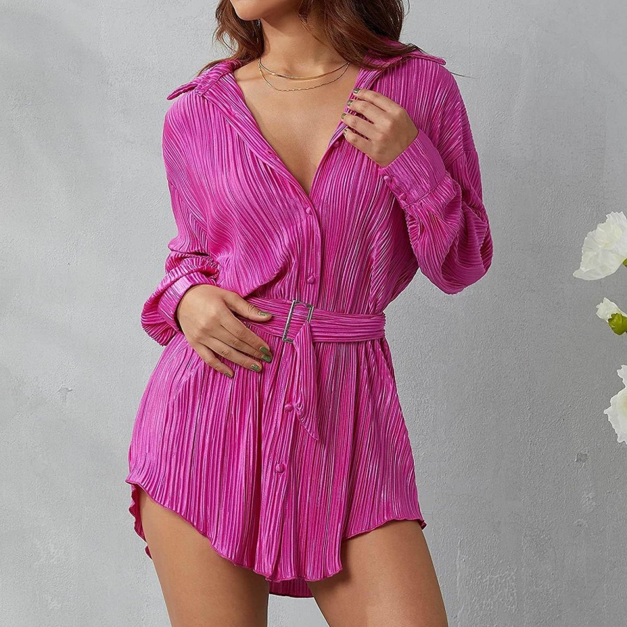 Best ABYOVRT Women Shirt Dresses Long Sleeve Pleated Mini Dress Casual Button Down Tunic Tops With Belt Vintage Streetwear