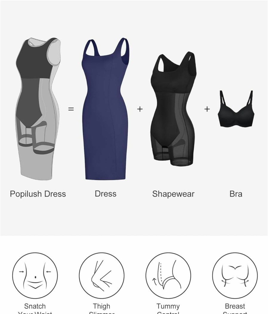 Clearance Popilush Popilush Workwear Built-In Shapewear Dress Square Neck Sleeveless Dress 3D Hips Offer