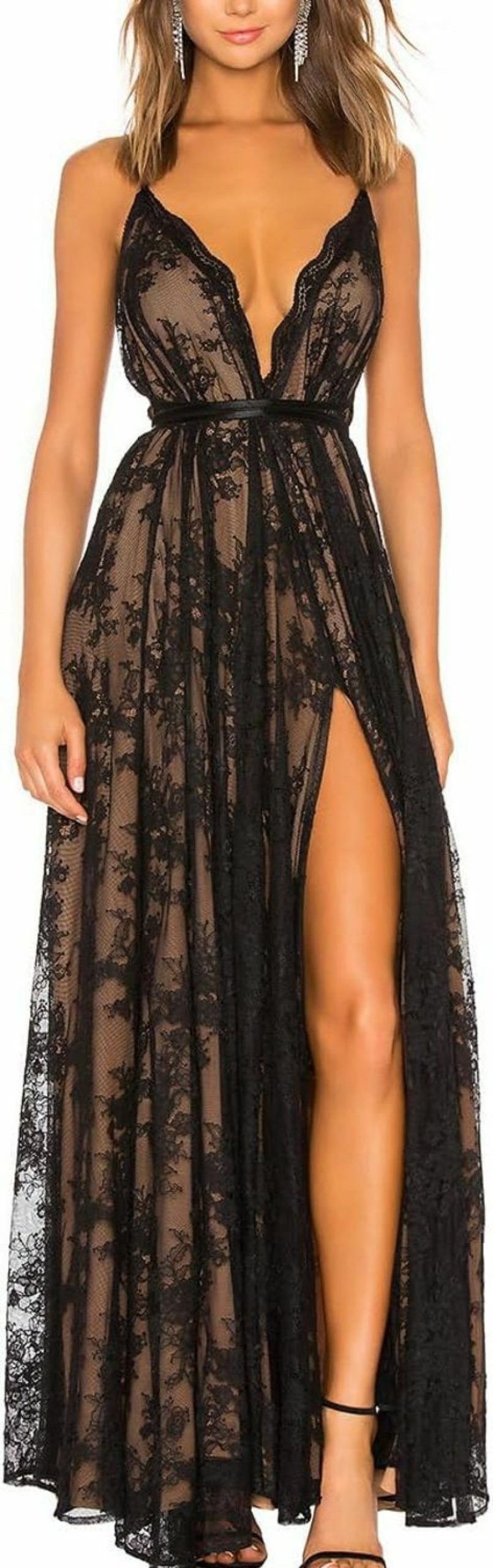 Hot Aigeman Aigeman Women'S Sexy Backless Spaghetti Straps Floral Lace Paris Evening Gown Deep V Neck Front Split Maxi Dress 72245