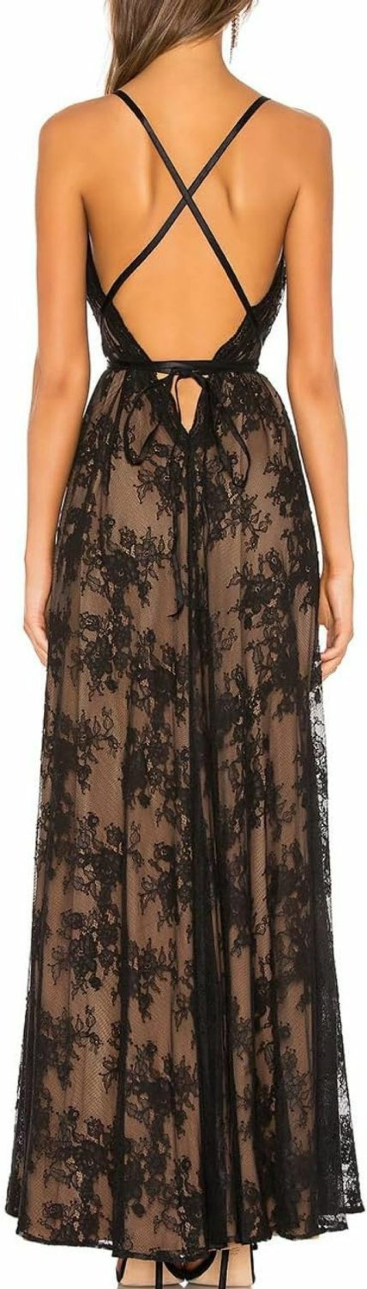 Hot Aigeman Aigeman Women'S Sexy Backless Spaghetti Straps Floral Lace Paris Evening Gown Deep V Neck Front Split Maxi Dress 72245