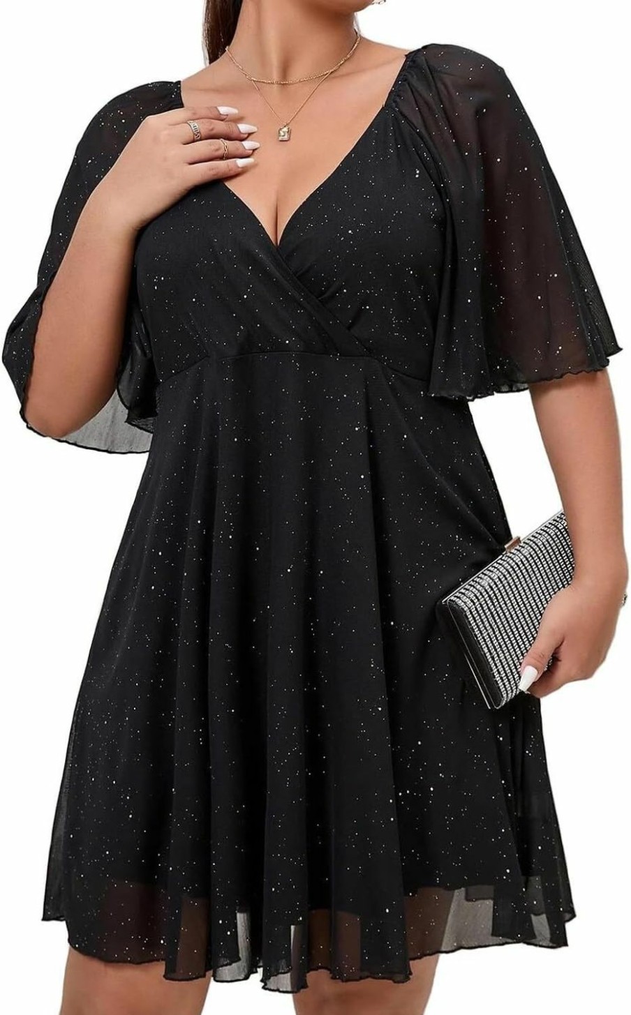 New RED DOT BOUTIQUE Plus Size Cap Sleeves Long Sleeves V Neck Sequins Skater Cocktail Club Dress