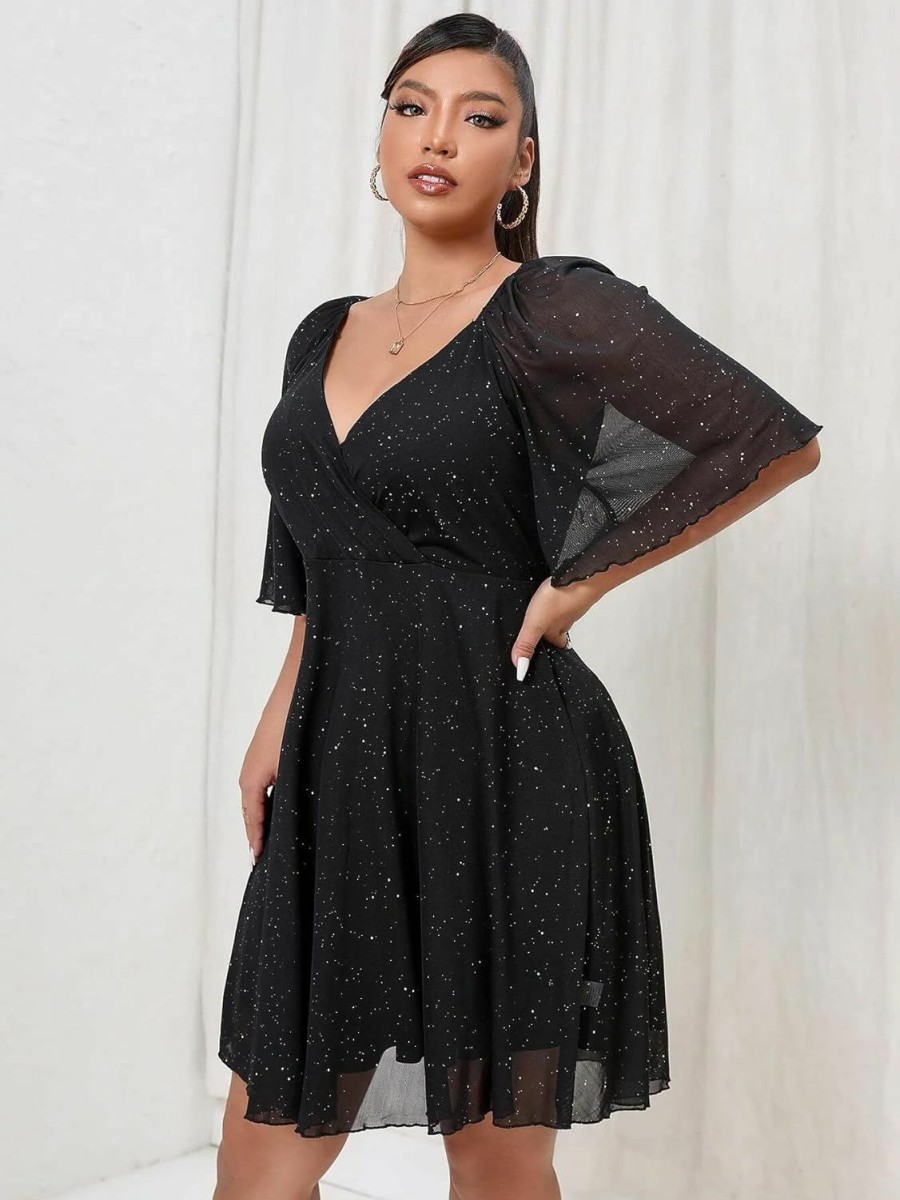 New RED DOT BOUTIQUE Plus Size Cap Sleeves Long Sleeves V Neck Sequins Skater Cocktail Club Dress