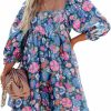 Wholesale Heltapy Womens Puff Sleeve Floral Print Dress Babydoll Square Neck A Line High Waist Ruched Summer Mini Dresses