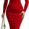 Hot LAGSHIAN Lagshian Women'S Cocktail Bodycon Long Sleeve Mock Neck Mesh Ruched Midi Party Dress