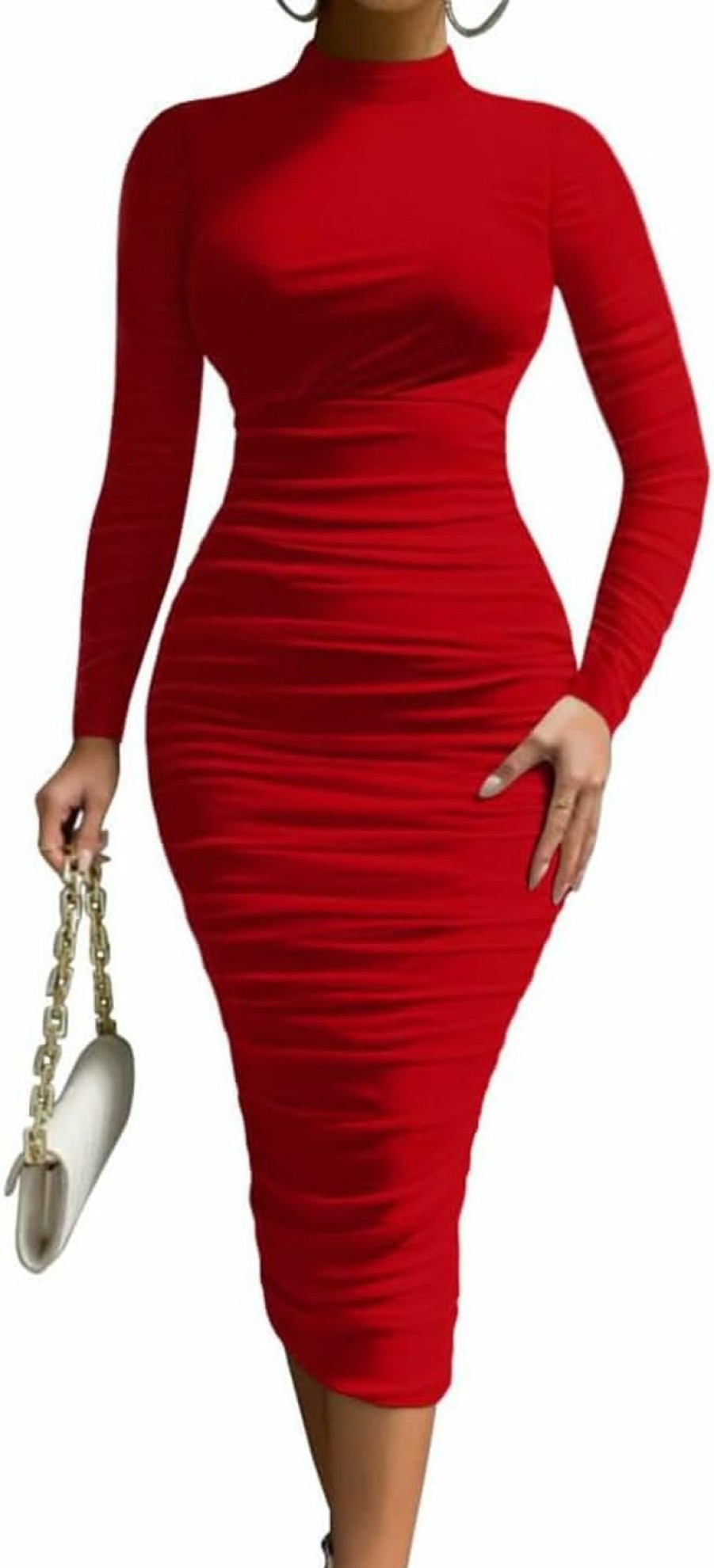 Hot LAGSHIAN Lagshian Women'S Cocktail Bodycon Long Sleeve Mock Neck Mesh Ruched Midi Party Dress