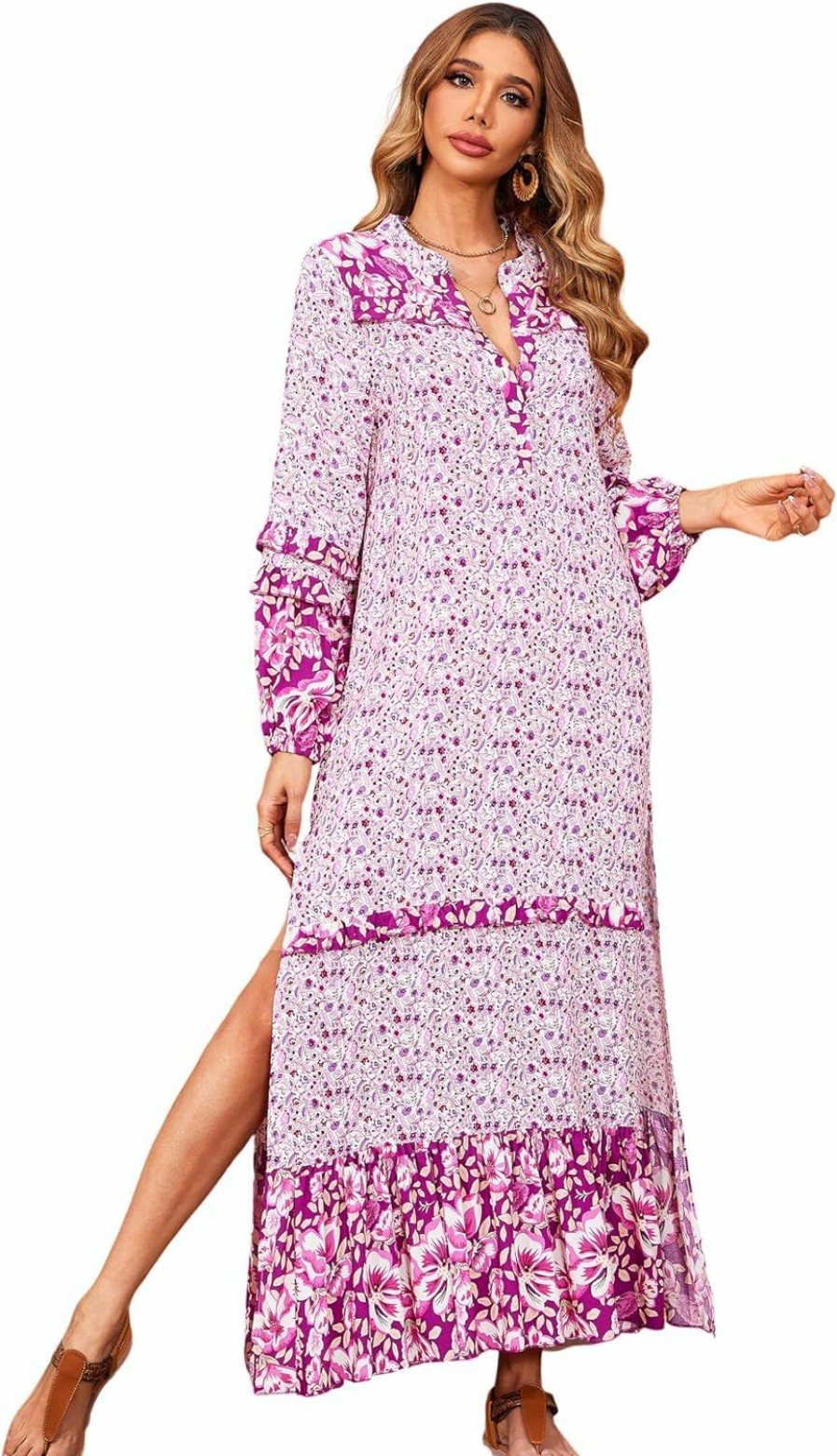 Online R.Vivimos R.Vivimos Women'S Long Sleeve Floral Print Bohemian Maxi Dresses With Slit