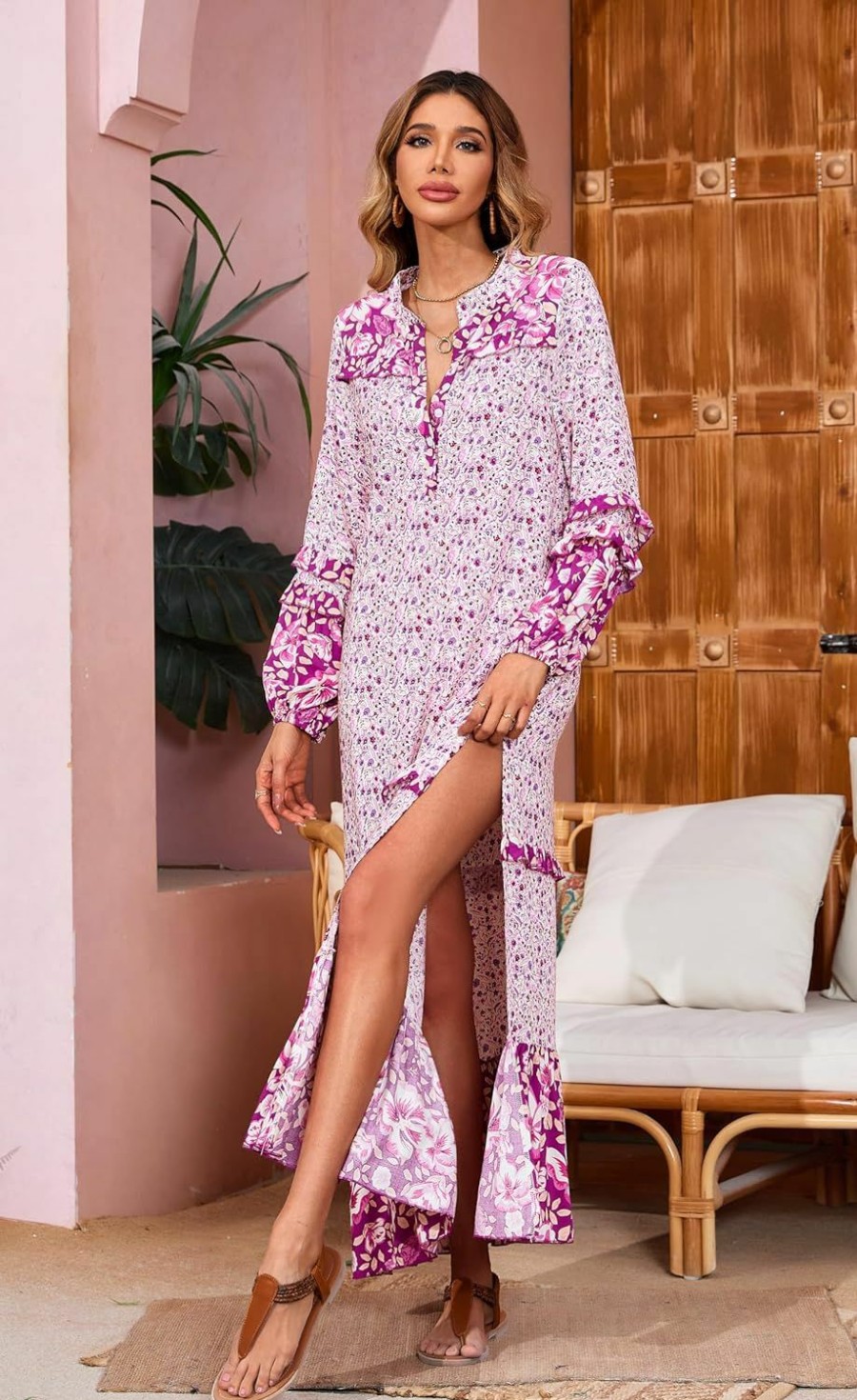 Online R.Vivimos R.Vivimos Women'S Long Sleeve Floral Print Bohemian Maxi Dresses With Slit