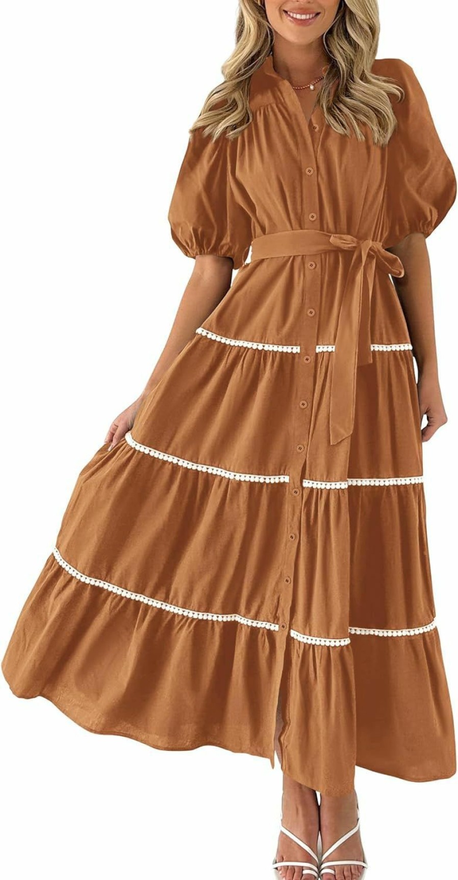 Online PRETTYGARDEN Prettygarden Women'S Summer Button Down Shirt Dress Short Puffy Sleeve Tiered Ruffle Flowy Long Maxi Dresses