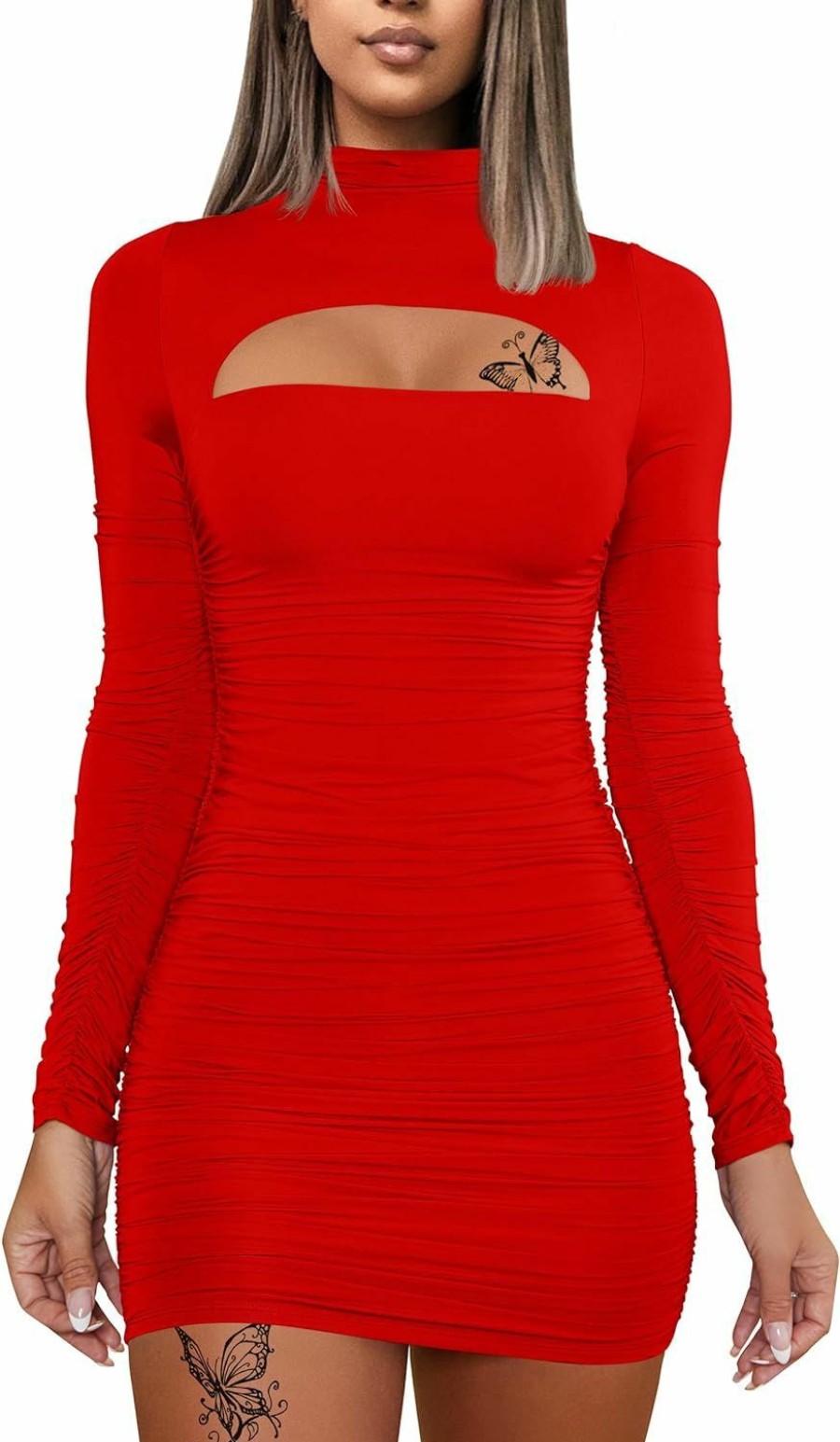 Clearance DAAWENXI Daawenxi Women'S Sexy Long Sleeve Cut Out Bodycon Ruched Party Club Mini Dress