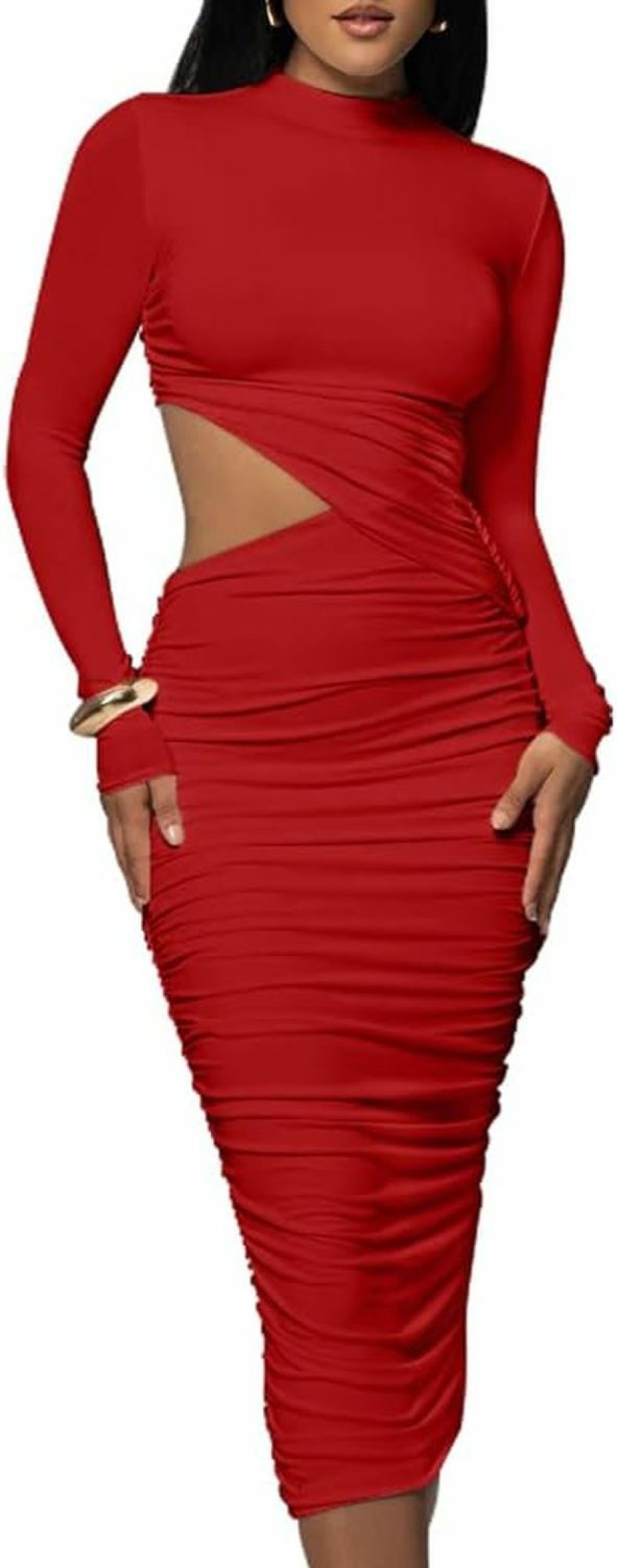 Online LAGSHIAN Lagshian Women Sexy Long Sleeve Mock Neck One Piece Cutout Ruched Bodycon Midi Party Dress