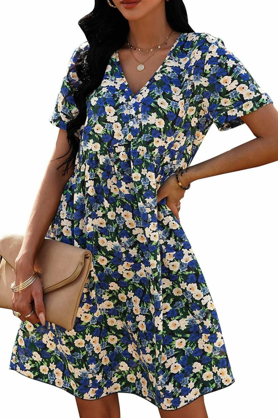 Clearance PRETTYGARDEN Prettygarden Summer Dress For Women 2024 Short Sleeve V Neck Ruffle Floral Swing A-Line Short Dresses